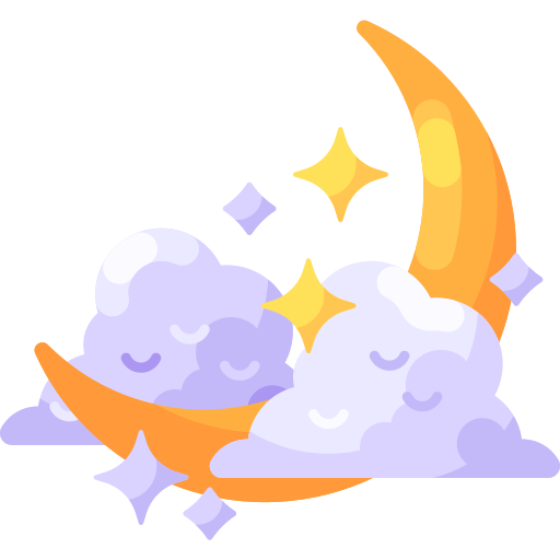Desenho de uma lua com nuvens e estrelas ao redor